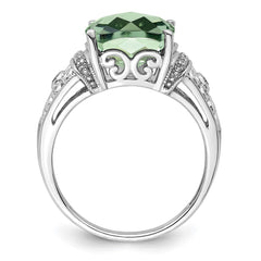 Sterling Silver Rhodium Diam. & Checker-Cut Green Quartz Ring - 7