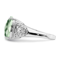 Sterling Silver Rhodium Diam. & Checker-Cut Green Quartz Ring - 10