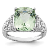 Sterling Silver Rhodium Diam. & Checker-Cut Green Quartz Ring - 7