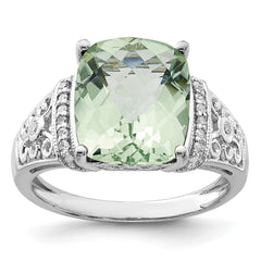 Sterling Silver Rhodium Diam. & Checker-Cut Green Quartz Ring - 8