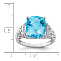 Sterling Silver Rhodium Checker-Cut Blue Topaz & Diam. Ring - 9