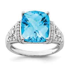 Sterling Silver Rhodium Checker-Cut Blue Topaz & Diam. Ring - 7