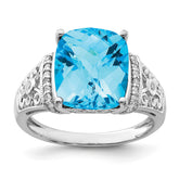 Sterling Silver Rhodium Checker-Cut Blue Topaz & Diam. Ring - 8