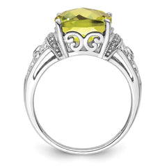 Sterling Silver Rhodium Diam. & Checker-Cut Lemon Quartz Ring - 8