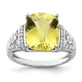 Sterling Silver Rhodium Diam. & Checker-Cut Lemon Quartz Ring - 8