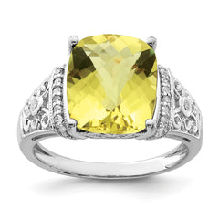 Sterling Silver Rhodium Diam. & Checker-Cut Lemon Quartz Ring - 8