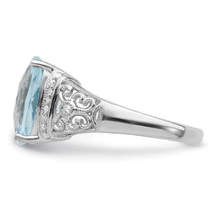 Sterling Silver Rhodium Diam. & Checker-Cut Sky Blue Topaz Ring - 11