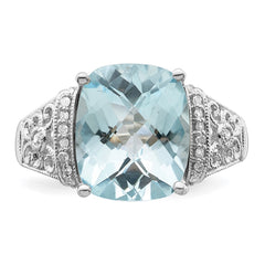 Sterling Silver Rhodium Diam. & Checker-Cut Sky Blue Topaz Ring - 9