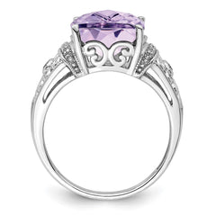 Sterling Silver Rhodium Diam. & Checker-Cut Pink Quartz Ring - 12