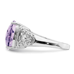 Sterling Silver Rhodium Diam. & Checker-Cut Pink Quartz Ring - 11