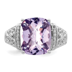 Sterling Silver Rhodium Diam. & Checker-Cut Pink Quartz Ring - 12