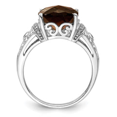 Sterling Silver Rhodium Diam. & Checker-Cut Smoky Quartz Ring - 11