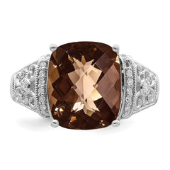 Sterling Silver Rhodium Diam. & Checker-Cut Smoky Quartz Ring - 10