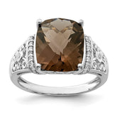 Sterling Silver Rhodium Diam. & Checker-Cut Smoky Quartz Ring - 10