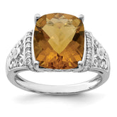 Sterling Silver Rhodium Diam. & Checker-Cut Whiskey Quartz Ring - 11