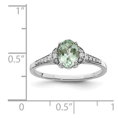 Sterling Silver Rhodium Green Quartz & Diam. Ring - 9