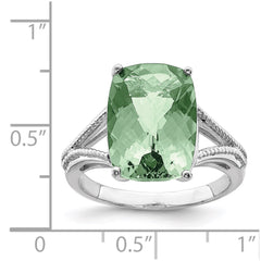 Sterling Silver Rhodium Checker-Cut Green Quartz Ring - 6
