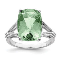 Sterling Silver Rhodium Checker-Cut Green Quartz Ring - 6