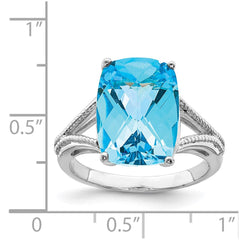 Sterling Silver Rhodium Checker-Cut Blue Topaz Ring - 9