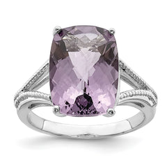 Sterling Silver Rhodium Checker-Cut Pink Quartz Ring - 5