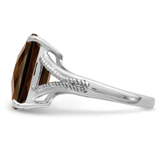 Sterling Silver Rhodium Checker-Cut Smoky Quartz Ring - 9