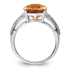 Sterling Silver Rhodium Checker-Cut Whiskey Quartz Ring - 6