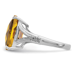 Sterling Silver Rhodium Checker-Cut Whiskey Quartz Ring - 6