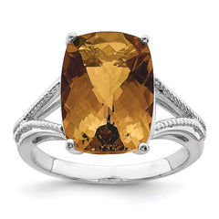 Sterling Silver Rhodium Checker-Cut Whiskey Quartz Ring - 6
