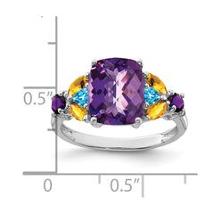 Sterling Silver Rhodium-plated Amethyst, Blue Topaz & Citrine Ring - 6