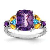 Sterling Silver Rhodium-plated Amethyst, Blue Topaz & Citrine Ring - 6