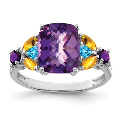 Sterling Silver Rhodium-plated Amethyst, Blue Topaz & Citrine Ring - 6