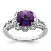Sterling Silver Rhodium-plated Checker-Cut Amethyst & Diamond Ring - 5