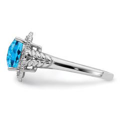 Sterling Silver Rhodium Checker-Cut Blue Topaz & Diam. Ring - 11