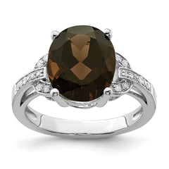 Sterling Silver Rhodium Smoky Quartz & Diam. Ring - 16