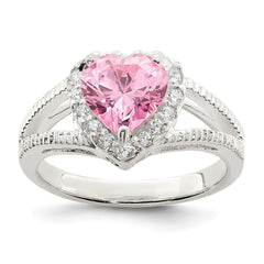 Sterling Silver Pink CZ Heart Ring - 6
