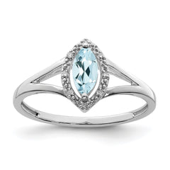 Sterling Silver Rhodium Plated Diamond & Aquamarine Marquise Ring - 3