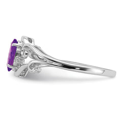 Sterling Silver Rhodium Plated Diamond and Amethyst Oval Ring - 9