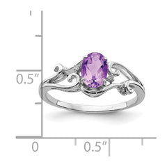 Sterling Silver Rhodium Plated Diamond and Amethyst Oval Ring - 9
