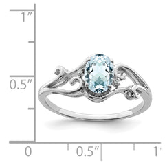 Sterling Silver Rhodium Plated Diamond & Aquamarine Oval Ring - 6