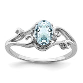 Sterling Silver Rhodium Plated Diamond & Aquamarine Oval Ring - 7