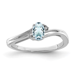Sterling Silver Rhodium Plated Diamond & Aquamarine Oval Ring - 3