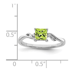Sterling Silver Rhodium Plated Diamond & Peridot Square Ring - 6