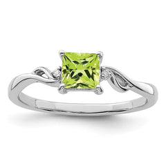 Sterling Silver Rhodium Plated Diamond & Peridot Square Ring - 3