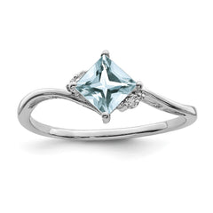 Sterling Silver Rhodium Plated Diamond & Aquamarine Square Ring - 4