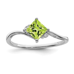 Sterling Silver Rhodium Plated Diamond & Peridot Square Ring - 7
