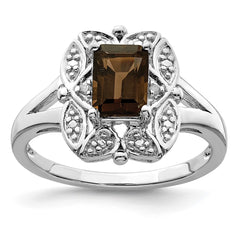 Sterling Silver Rhodium Diam. & Smoky Quartz Ring - 28