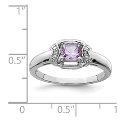 Sterling Silver Rhodium Diam. & Pink Quartz Ring - 9