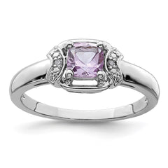 Sterling Silver Rhodium Diam. & Pink Quartz Ring - 9