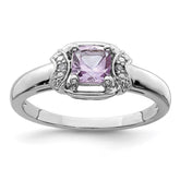 Sterling Silver Rhodium Diam. & Pink Quartz Ring - 8