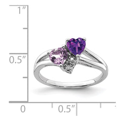 Sterling Silver Rhodium-plated Amethyst & Pink Quartz & Diamond Ring - 2